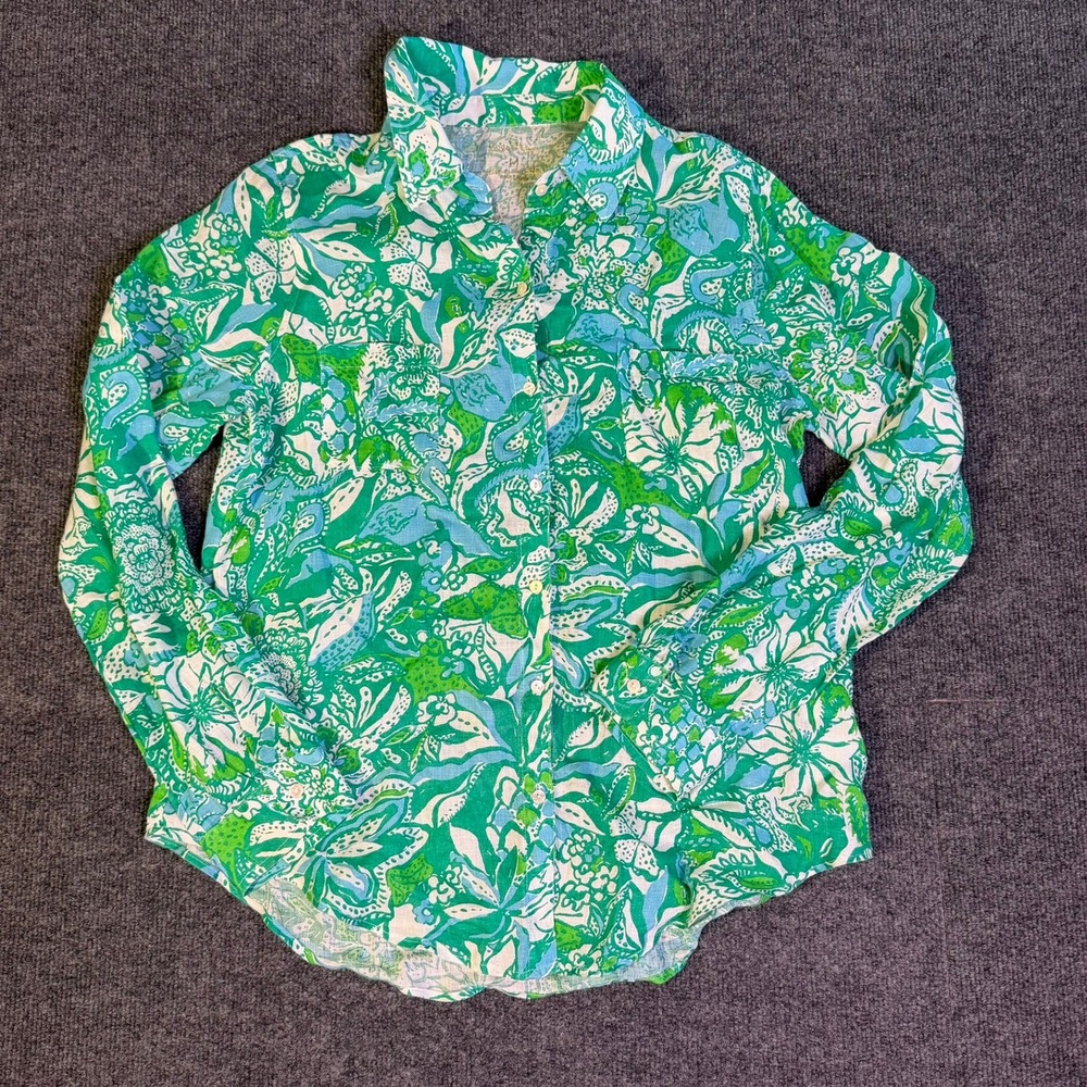 Lilly Pulitzer Womens Linen Button Down Shirt Green Blue Tropical Floral Size M
